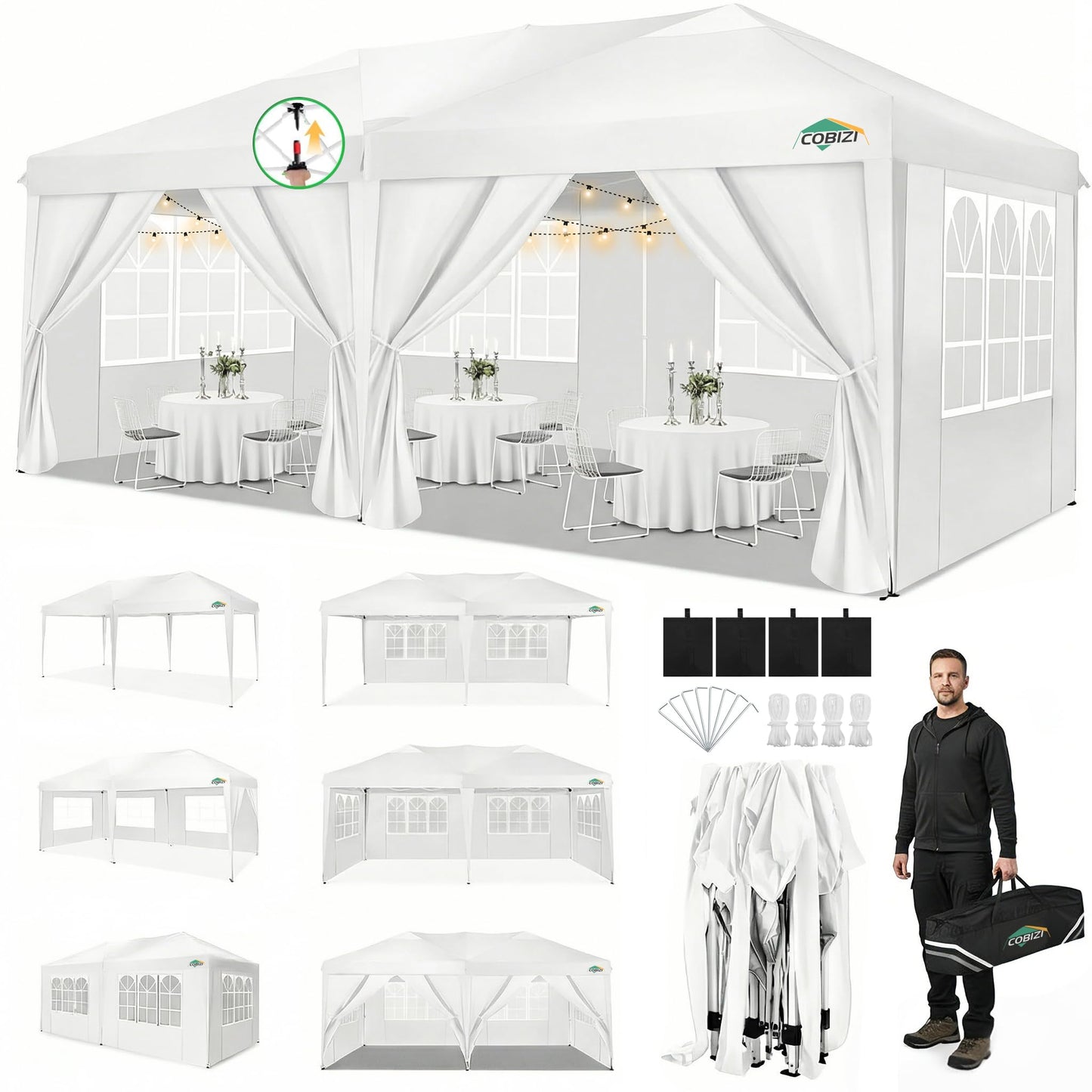 COBIZI 10x20 Pop Up Canopy Tent Commercial Instant Shelter with 6 Sidewalls, Durable Waterproof Portable Gazebo UPF 50+ for Outdoor Party, Wedding, Vendor Events (White)