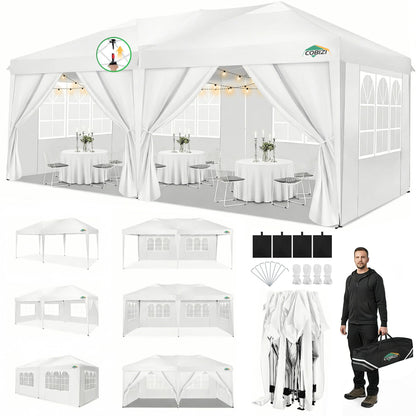COBIZI 10x20 Pop Up Canopy Tent Commercial Instant Shelter with 6 Sidewalls, Durable Waterproof Portable Gazebo UPF 50+ for Outdoor Party, Wedding, Vendor Events (White)
