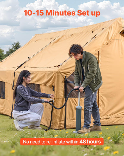 VEVOR Inflatable Tents for Camping, 5-8 Person Easy Setup Blow up Tent with Hand Pump, Luxury Glamping Tent with 2 Skylights, Canopy, Stove Jack 2 Doors & Mesh Windows (Storage Bag Included)