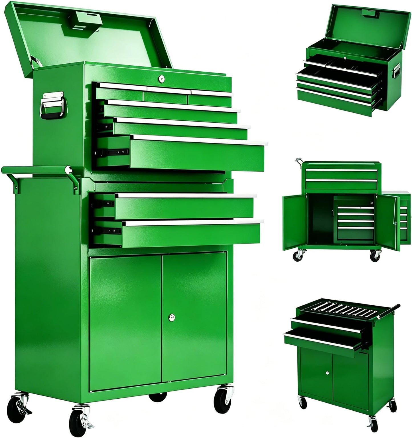 Heavy Duty 8 Drawer Tool Chest, Rolling Tool Box Cabinet on Wheels, 2-in-1 Detachable Metal Tool Storage Organizer for Garage and Workshop, Locking Steel Tool Cart with Portable Top Tool Box, Green