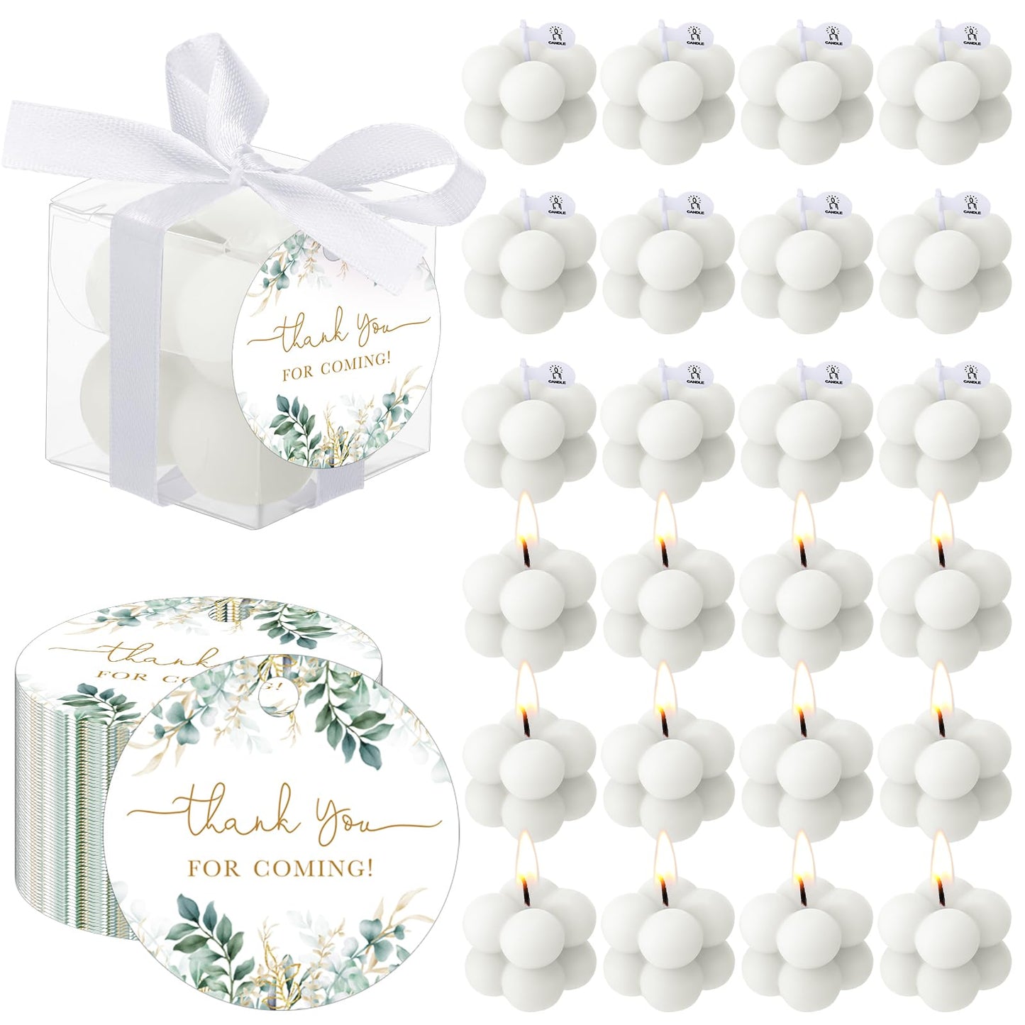 MTLEE 24 Sets Greenery Wedding Favors Party Candle Small Bubble Candle Favors for Guests Tea Candles Bulk with Stylish Ribbons Cards Gifts for Bridal Shower(White, Leaves)