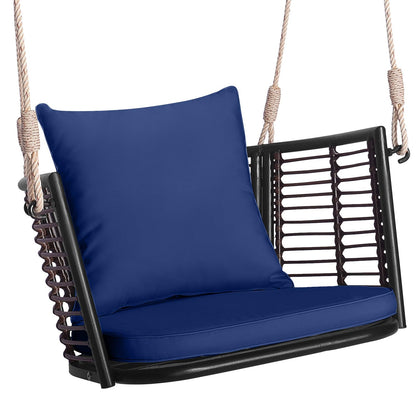 HAPPYGRILL Porch Swing Patio Hanging Rattan Basket Chair, Swing Hammock Chair with Seat Cushion & Back Cushion, PE Rattan, Sturdy Metal Frame, Wicker Hanging Rope Swing, (Navy)
