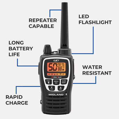 Midland GXT3000 GMRS Two-Way Radio (50-Channel, Repeater Capable, Long Range, 142 Privacy Codes, SOS, NOAA, Rechargeable Lithium Ion Battery, Black/Silver, 2-Pack)