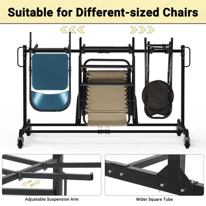 Eastrexon Folding Chair Rack, Heavy-Duty Folding Chair Cart with Swivel Wheels, 600 LBS Capacity for 12 Tables or 42 Chairs, Chair and Table Cart w/Dust Cover and 2 Binding Ropes, 72”L x 33”W x 42”H
