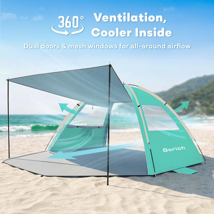 Gorich Beach Tent Sun Shelter with Canopy, Easy Setup UPF50+ UV Protection Sun Shade for 3-4/5-6/7-8 Person, Lightweight & Compact Beach Umbrella for Family Travel
