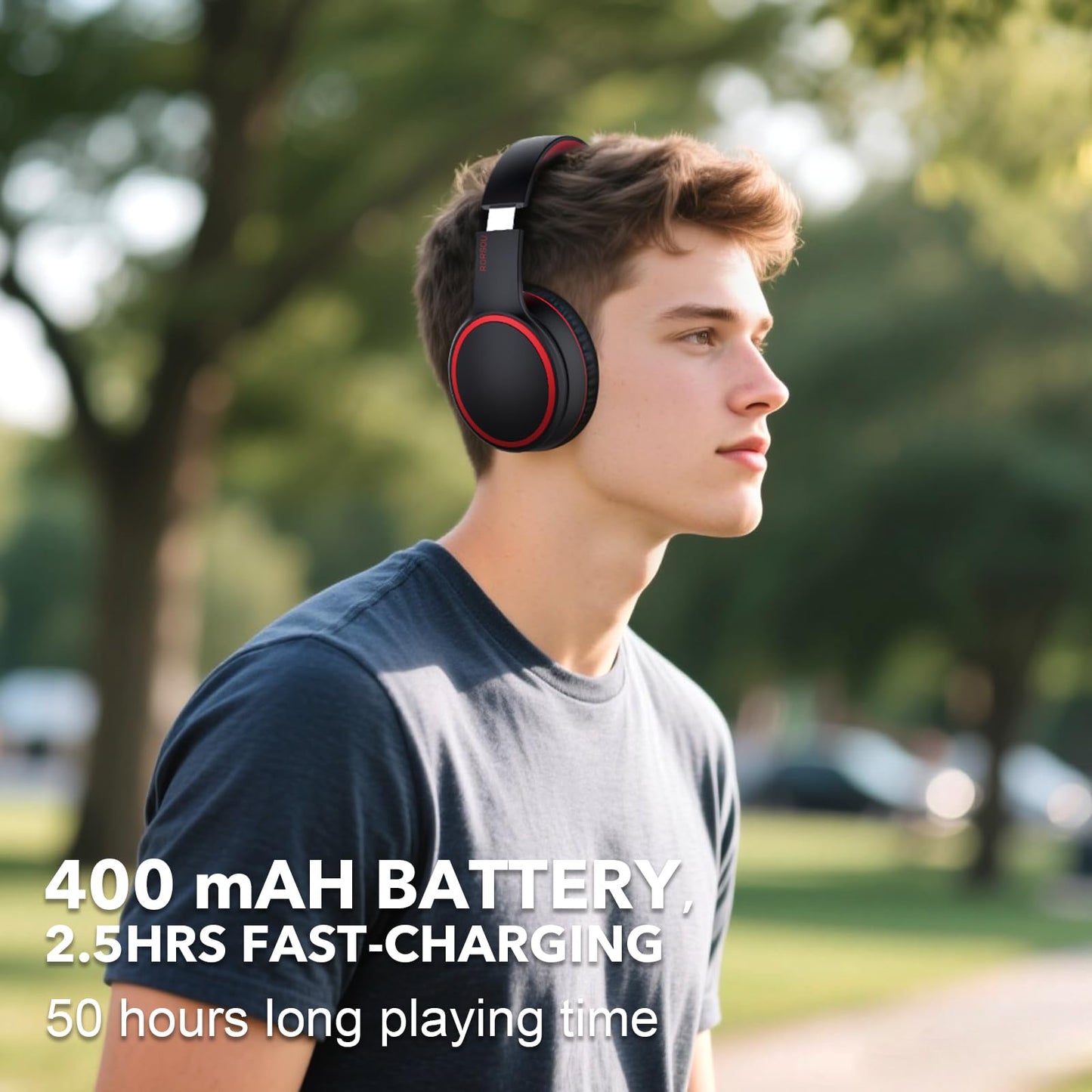 RORSOU B10 Bluetooth Headphones Over Ear, 2 EQ Music Modes(Normal/Bass) and 50H Playtime Wireless Headphones with Mic, Lightweight Folding HiFi Stereo Headset for iPad/Travel/Tablet/PC/Home (Black)