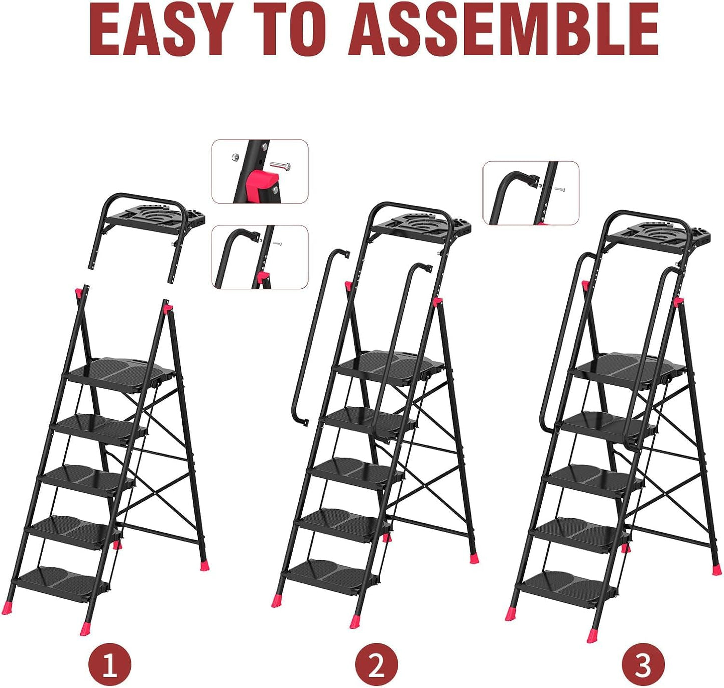 5 Step Foldable Step Ladder Stool with Roomy Tool Tray and Secure Handrail, Foldable Platform Ladder 5 Step Folding Stepstools with Wide Pedals and 800lbs Weight Capacity for Adults, Home, Kitchen