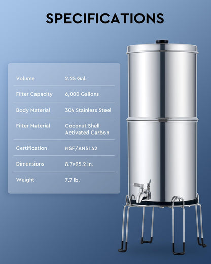 CO-Z Gravity Fed Water Filter System, Stainless Steel Gravity Water Purifier with 2 Carbon Filters, 2.25 Gal Countertop Water Filtration System, Chamber Stand & Water Spigot, NSF/ANSI 42 Certification