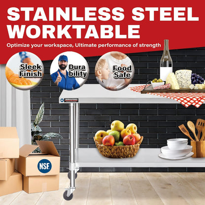 DuraSteel 30x60 NSF Stainless Steel Cart Work Table - Heavy Duty Rolling Food Prep Table Countertop Island - Metal Utility Cart on Wheels Caster, Grill Stand Storage Outdoor Kitchen Tables Bar Top
