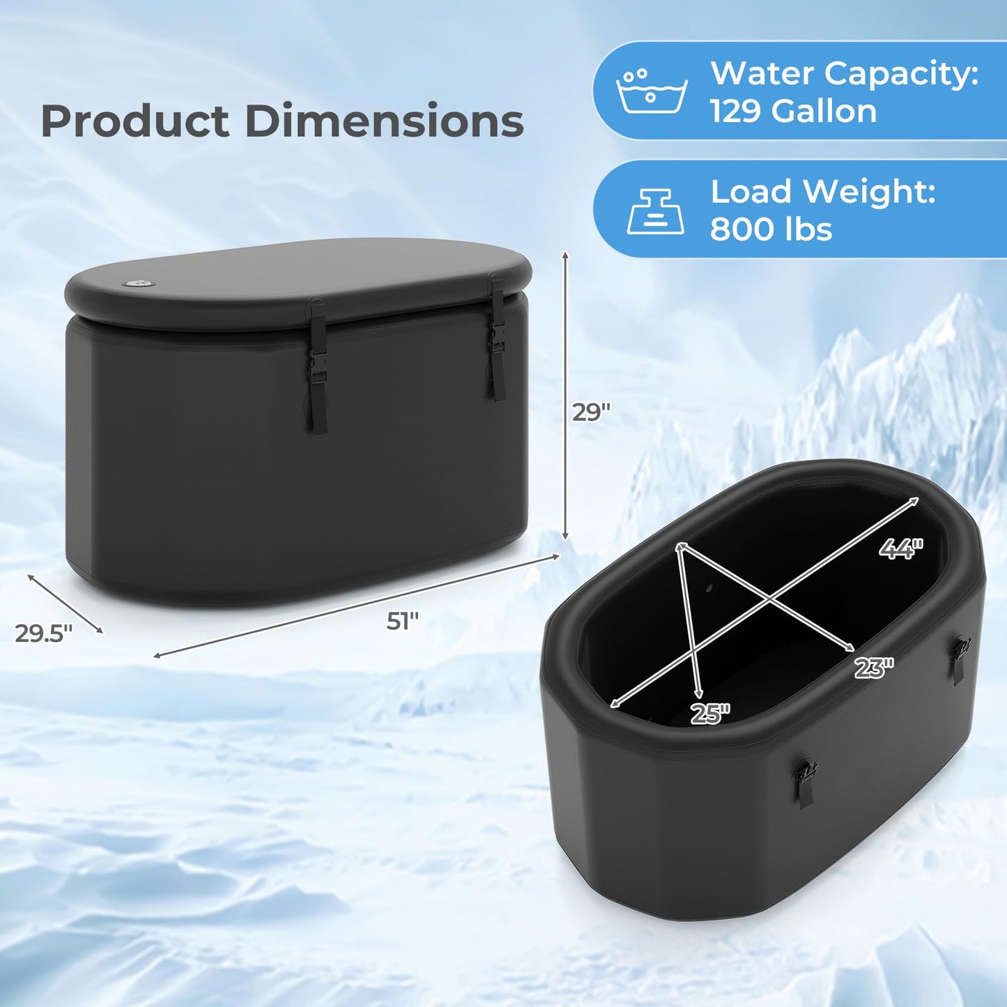 GYMAX Cold Plunge Tub, XL 129 Gal Oval Ice Bath Tub with Lid, Backpack, Pump & Floor Mat, Portable Inflatable Ice Bath for Cold Water Therapy, Ice Tubs for Cold Plunge Indoor Outdoor Home Gym (Black)