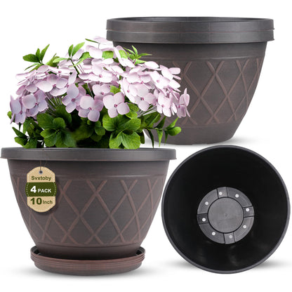 4 Pack 10 Inch Plant Pot, Planter Pots with Drainage Holes & Saucers, Modern Plaid Pattern Planters Garden Pots for Herbs, Decorative Plastic Flower Pots for Outdoor Indoor Home Plants (Brown)