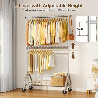 HYSEYY Heavy Duty Clothes Rack, Double Rod Clothing Rack for Hanging Clothes, Rolling Garment Rack, Adjustable Freestanding Wardrobe Closet Coat Rack for Bedroom Laundry Living Room, Silver