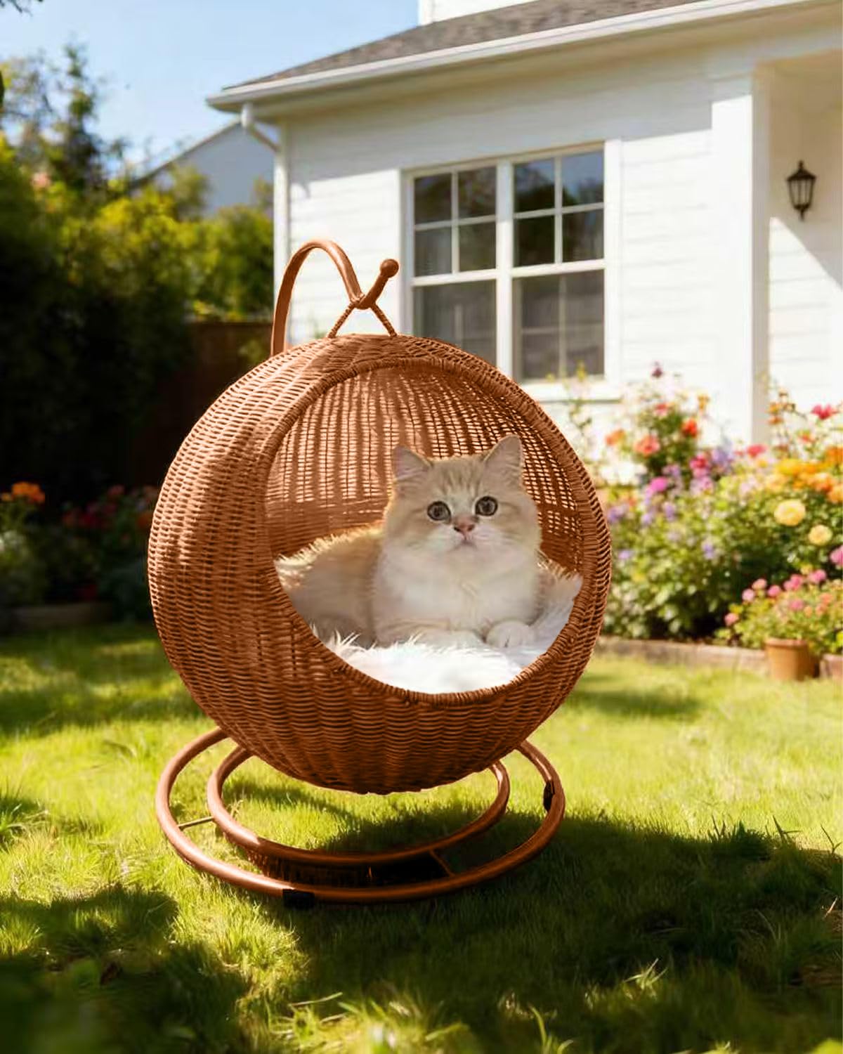 CIHTL Wicker Cat Bed Indoor & Outdoor, Handwoven PP Rattan Cat Swing Bed with Removable Washable Cushion, Breathable Waterproof Cat House for Cats & Small Dogs (Large–16.9" L × 25.98" H)