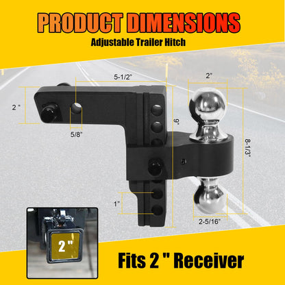Heavy Duty Adjustable Trailer Hitch for 2" Receiver - 6" Drop & Rise, 12,500 lbs GTW, Class 3/4 Hitch for Trucks, with 3 Anti-Theft Locking Pins | Aluminum Drop Hitch