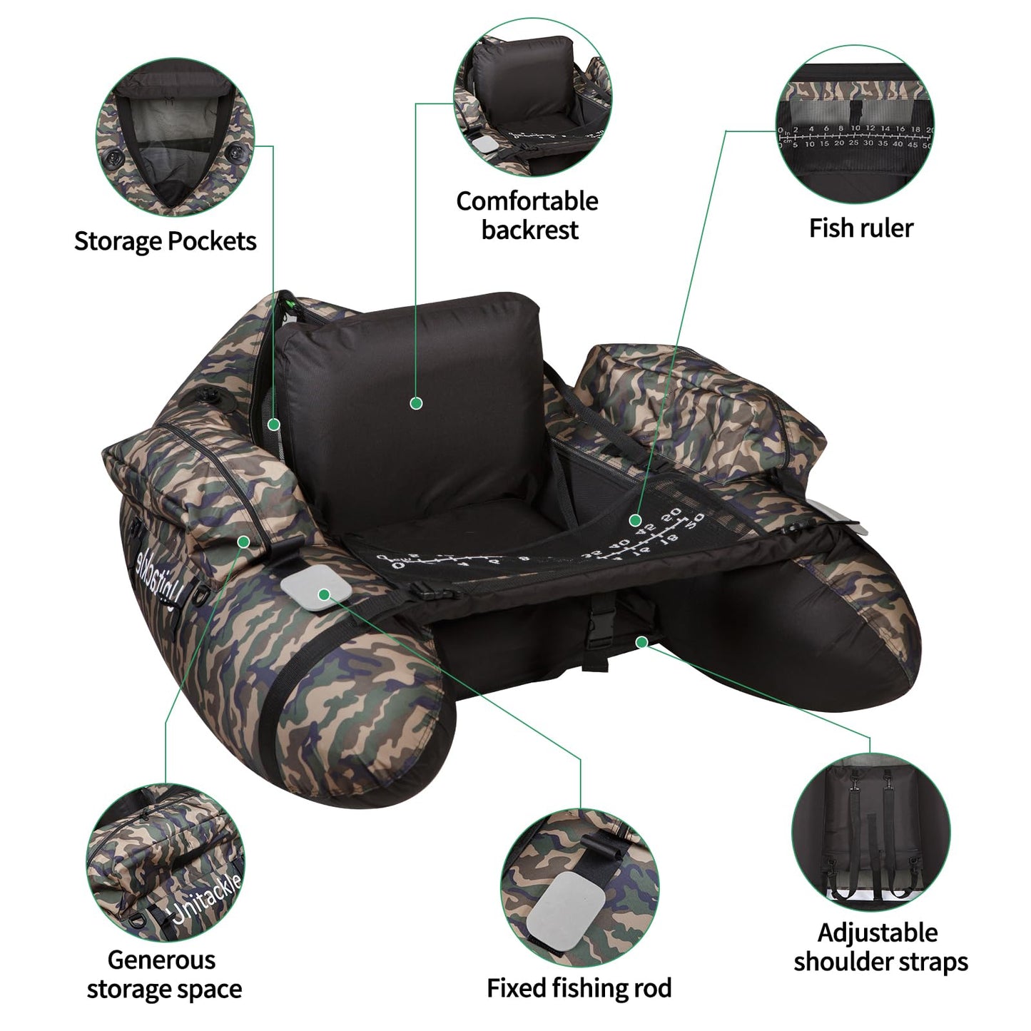 UNITACKLE Inflatable Float Tube, with Paddles, Fish Ruler, Air Pump, Storage Bag, Adjustable Shoulder Straps, Weight Capacity of 286 lbs, for Adults Fishing in Rivers and Lakes, Camo Military Green