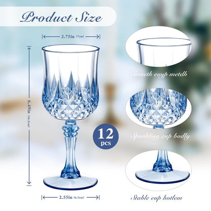 Dualshine 12 Pcs Blue Plastic Wine Glasses, Blue Transparent Plastic Goblets for Wedding Reception, Drinking Glasses for Parties, Valentine's Day, Birthdays