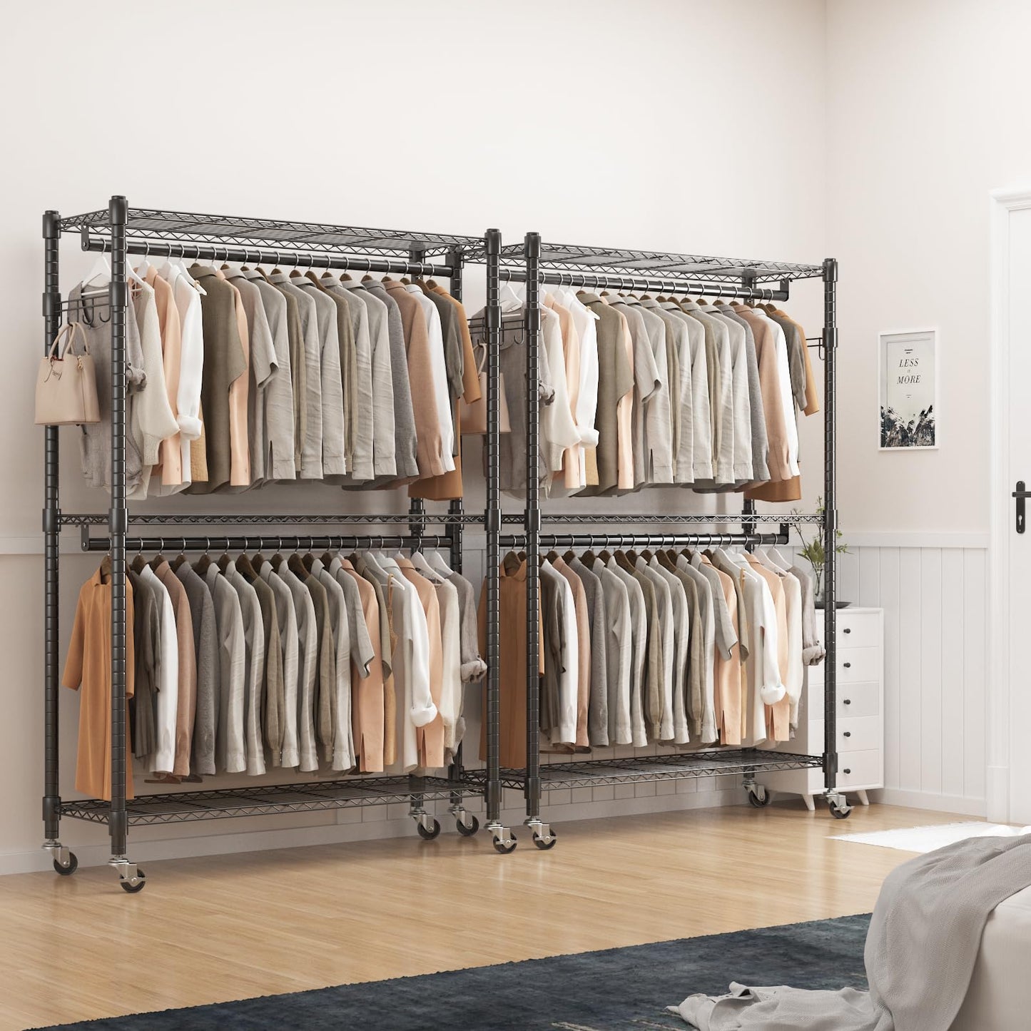 BATHWA Heavy Duty Rolling Clothes Rack with Wheels, 640 lb Hanger Rack & Garment Rack, 25mm Metal Freestanding Portable Closet, 2 Rods + Adjustable Shelves for Hanging Clothes
