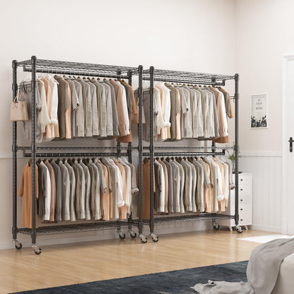 BATHWA Heavy Duty Rolling Clothes Rack with Wheels, 640 lb Hanger Rack & Garment Rack, 25mm Metal Freestanding Portable Closet, 2 Rods + Adjustable Shelves for Hanging Clothes