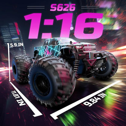 DEERC 1/16 Glowing Spider Remote Control Car - Fast RC Cars W/2 Rechargeable Batteries for 40 Min Play All Terrain Off-Road Monster Truck Toys for Boys Kids Age 4-7 8-12 Birthday Xmas Gift