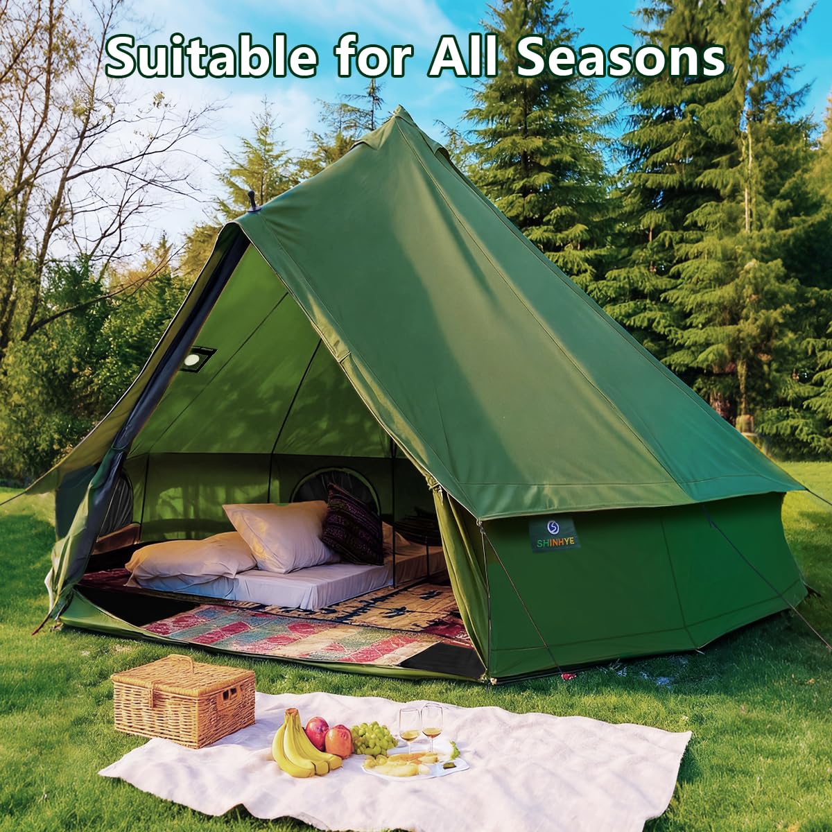 Canvas Bell Yurt Tent with Stove Jack, Waterproof Luxury 4 Season Tents for Family Outdoor Camping 100% Cotton Green Glamping Tents for Hunting, Partie, All Year Living (3M- 97 sq. ft yurt)