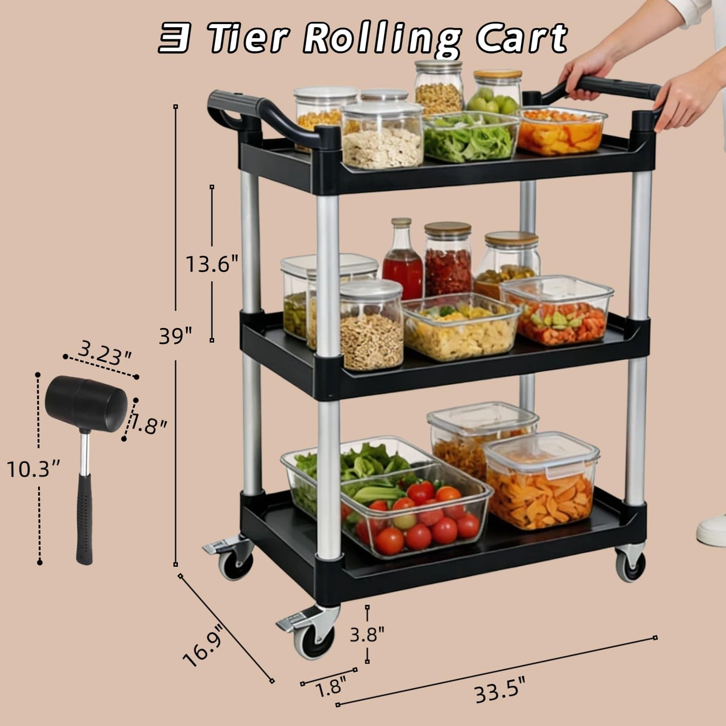 Ufriandz 3 Tier Heavy Duty Rolling Utility Cart with Strong Wheels and Handle 600lbs Load Capacity Plastic Serving Cart for Food Commercial Garage Restaurant Kitchen, Black Storage Shelf