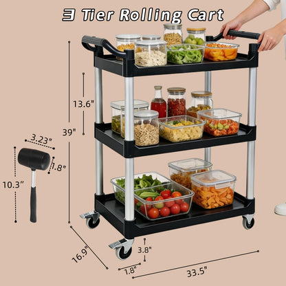 Ufriandz 3 Tier Heavy Duty Rolling Utility Cart with Strong Wheels and Handle 600lbs Load Capacity Plastic Serving Cart for Food Commercial Garage Restaurant Kitchen, Black Storage Shelf