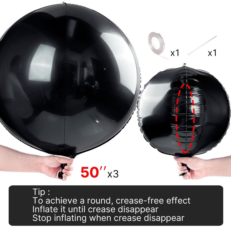 PartyWoo Black Foil Balloons 3pcs 50 Inch Large Round Foil Big Giant 4D Jumbo Inflatable Mirror Ball Mylar Balloons for Halloween Graduation Birthday Retirement Anniversary Party Decorations