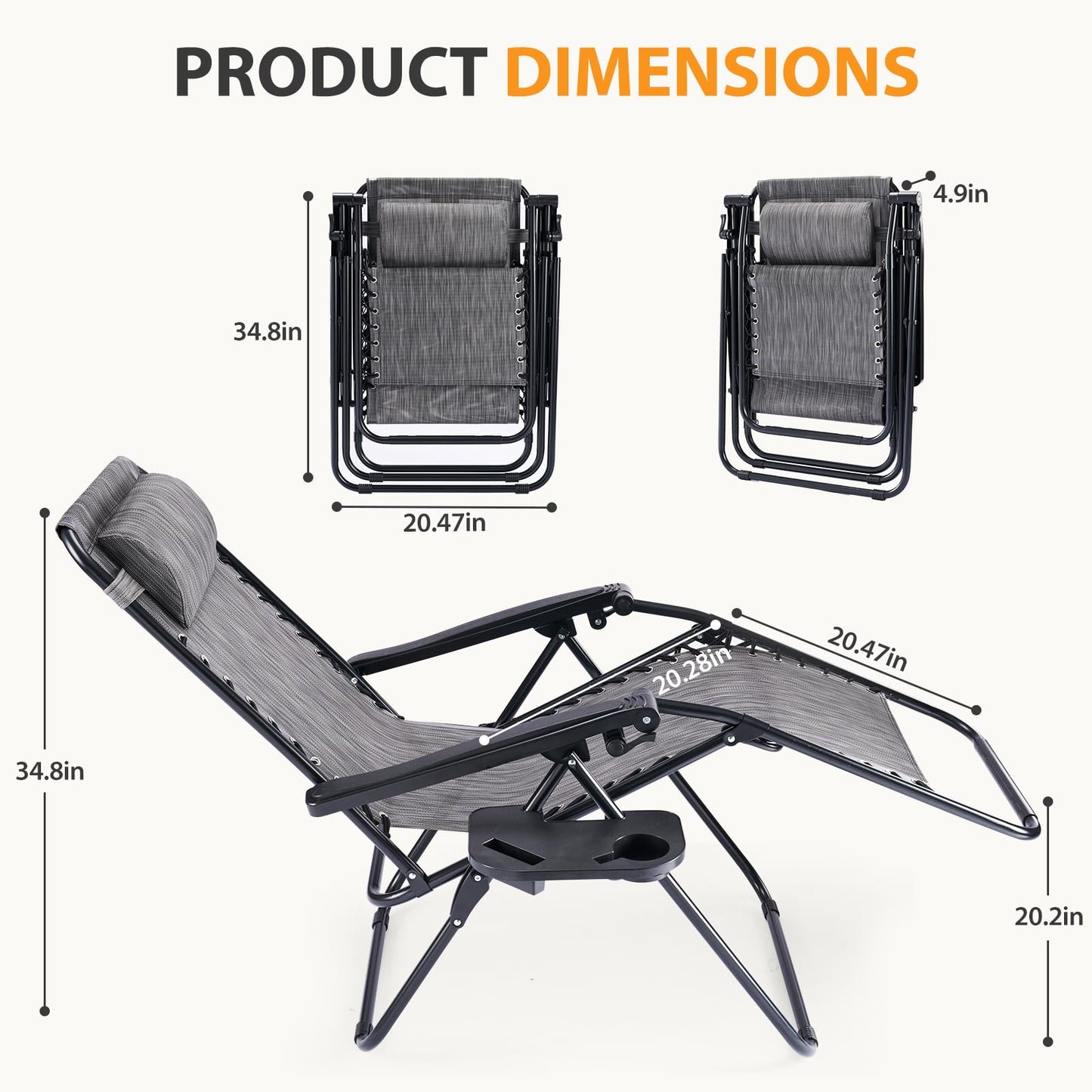 HAPPYMONT Zero Gravity Chair Set of 2, Adjustable Folding Reclining Lounge Chairs with Mesh Back, Adjustable Pillows & Cup Holder Trays, Outdoor Patio Lawn Chairs for Pool, Beach & Camping, Grey