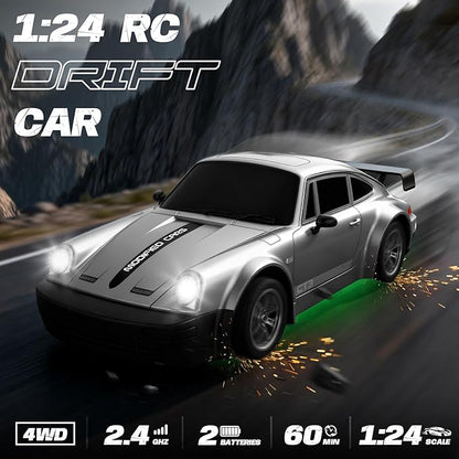 RC Drift Car 1:24 Scale Remote Control Car with LED Lights 20KM/H 4WD High Speed RC Cars Racing and Drifting Dual-Mode Toy Car Idea Gift for Adults and Kids Silver