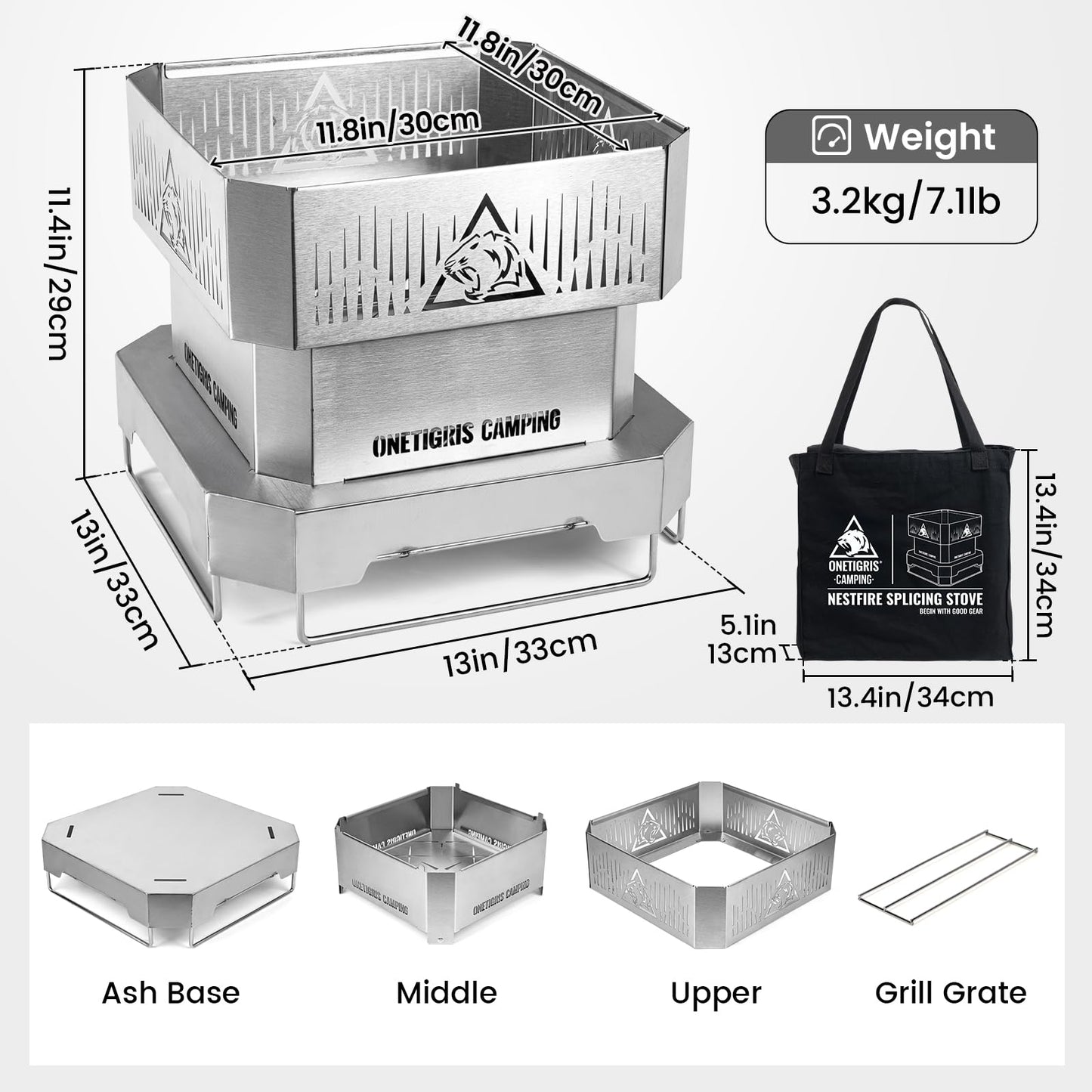 ONETIGRIS CAMPING NESTFIRE 11.8 Inch Portable Fire Pit with Grill Grate and Storage Bag | BBQ, Cooking, Bonfire 3 in 1 | Camping Fire Pit for Patio,Backyard, Picnics, Backpacking