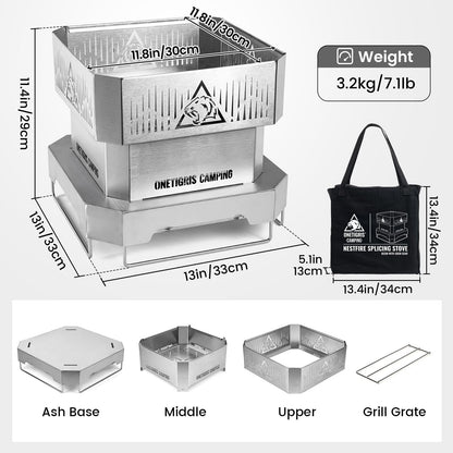 ONETIGRIS CAMPING NESTFIRE 11.8 Inch Portable Fire Pit with Grill Grate and Storage Bag | BBQ, Cooking, Bonfire 3 in 1 | Camping Fire Pit for Patio,Backyard, Picnics, Backpacking