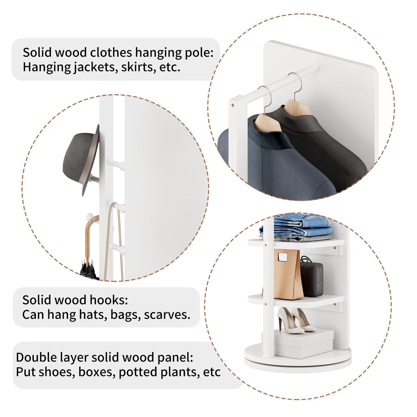 KEIKI Full Length Mirror with Cloak Rack, 66"x18" Rotatable Rubber Wood Full Body Floor Mirror for Bedroom, Living Room & Dressing Room – White