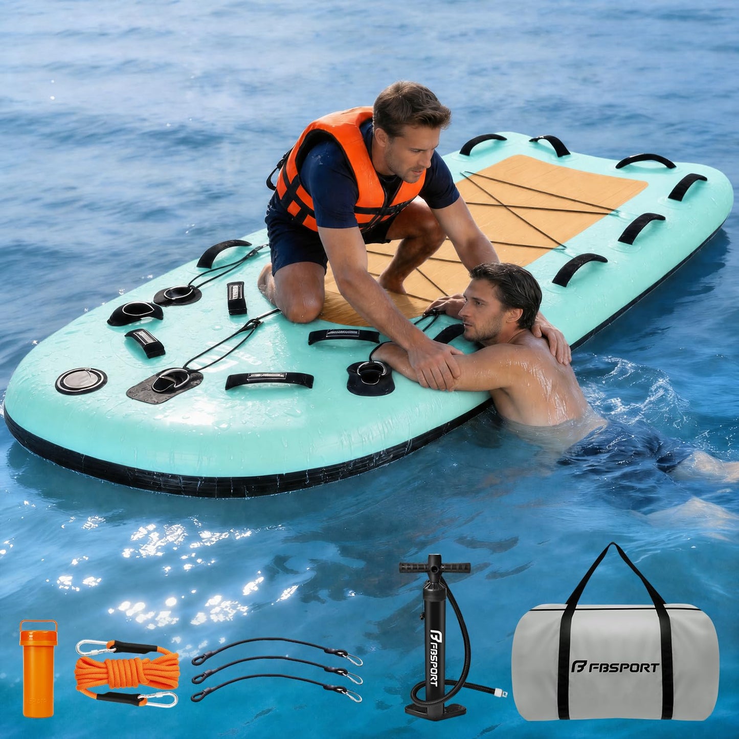 FBSPORT Inflatable Water Rescue Sled, Drop-Stitch PVC Rescue Board Floating Dock Platform Mat with Rapid Inflation, Portable 73"x39" Emergency Sled for Lakes, Oceans, Rivers, Surfing, Divers