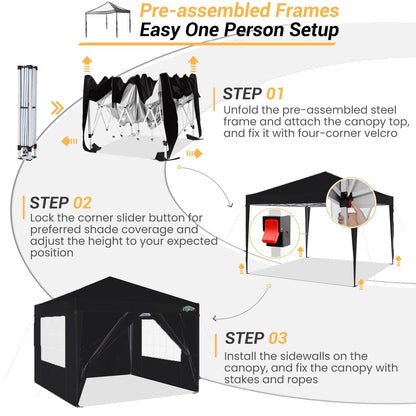 COBIZI 10x10 Pop Up Canopy Tent, One Push Outdoor Gazebo with 4 Removable Sidewalls & Air Vent, Waterproof Commercial Easy Up Adjustable Canopy with 4 Sandbags, 4 Stakes & 8 Ropes for Party,Black