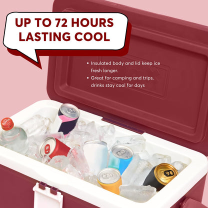 DA 12/26 Quart Small Portable Hard Cooler Ice Chest with Carry Handle, Keep Cool Up to 72 Hours, Lightweight Insulated Cooler for Lunch, Picnics, Camping, Travel (26QT Burgundy)