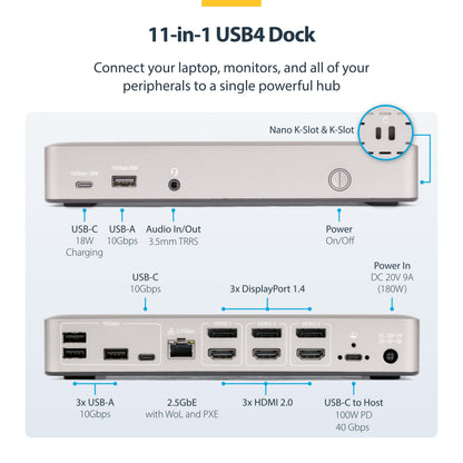 StarTech USB-C Docking Station (USB4), Triple 4K 60Hz Monitors, Up to 100W Laptop Charging, 2.5GbE, Driverless, Not macOS Compatible