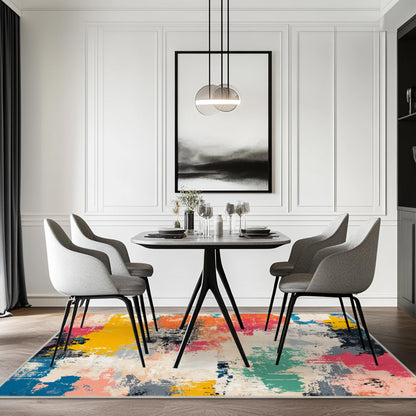 5x7 Colorful Area Rug Modern Abstract Beige Orange Yellow Pink Blue Black White Grey Rug Bedroom Low Pile Thin Large Carpet Living Room Non Slip Dining Room Stain Resistant Office Washable Machine