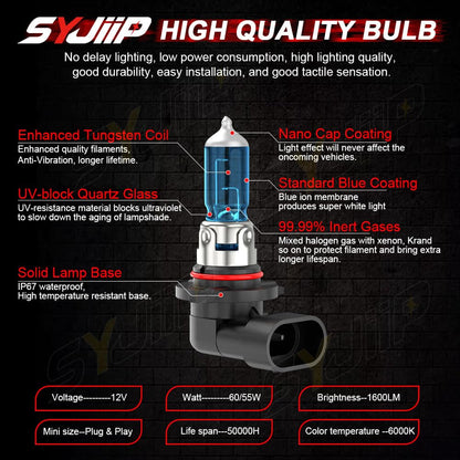 SYJIIP Halogen Headlight Bulbs 9005 High Beam & 9006 Low Beam, 6000K White, Pack of 4, Compatible with Dodge Journey 2009-201