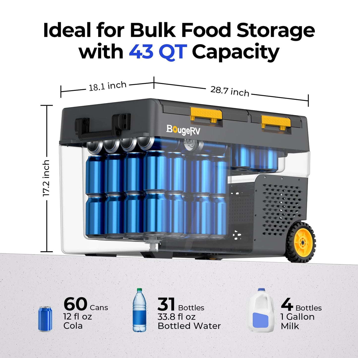 BougeRV 43 Quart Portable Fridge Freezer, 12 Volt Car Refrigerator, -4℉ to 68℉ Dual Zone Compressor Electric Cooler 12/24V DC, 110~240V AC for Overlanding, Camping, RV(2026 New Model: CRD2 V2.0)