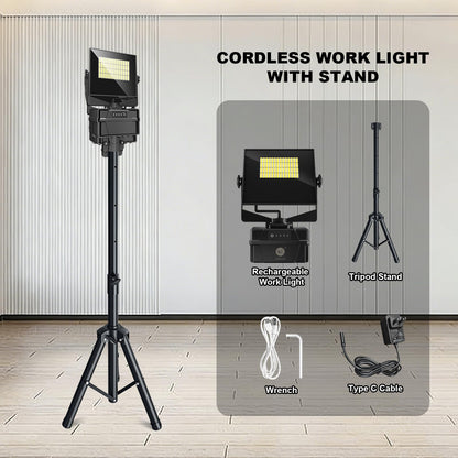 10000 mAh Rechargeable LED Work Light with Tripod Stand, 5000K Daylight White Dimmable 10000 Lumen Cordless Temporary Work Light, Long Lasting Flood Light (Upgrade 10000 mAh Battery)
