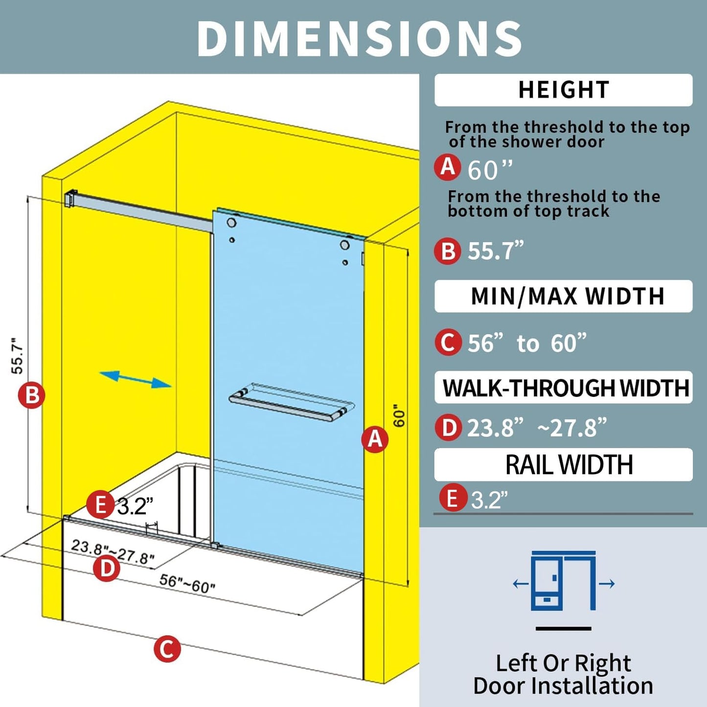 YTTSOYTS 56-60" W x 60" H Frameless Double Sliding Tub Door Bathtub Shower Door, Frameless Tub Door with 5/16" (8mm) Clear SGCC Tempered Glass, Stainless Steel Hardware (60"x60" Matte Black)