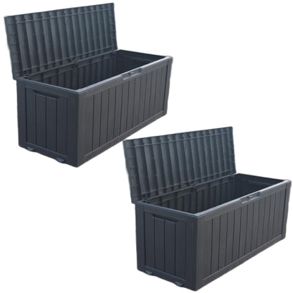 BTEXPERT 75 Gallon Resin Deck Box, Outdoor Storage Container for Patio Furniture Garden Tools Cushions Pool Sports Equipment Waterproof Lockable Stainless Steel insert UV Resistant Set of 2