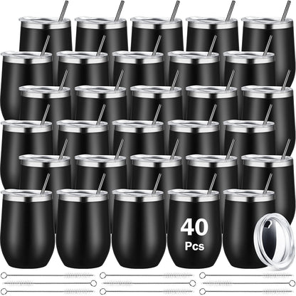 Sieral 40 Pack Insulated Wine Tumblers Bulk 12oz Stainless Steel Wine Cups with Lids & Straws, Double Wall Vacuum Coffee Tumbler for Wedding Party, Employee Teacher Nurse Gifts(Black)