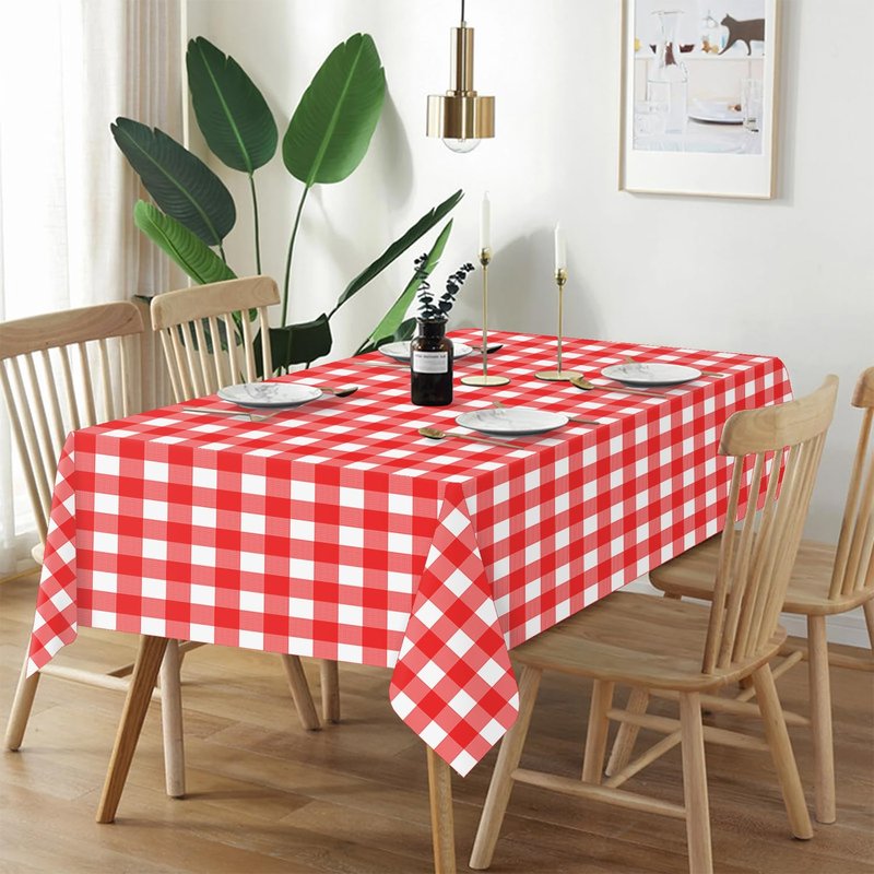 QIKSION Red Gingham Tablecloth Disposable 12 Pack, 54 x 108 Inch Red and White Checkered Table Cloth for Picnic, Outdoor BBQ Decorations, Birthday Party Supplies, Rectangle, Plastic Table Cover