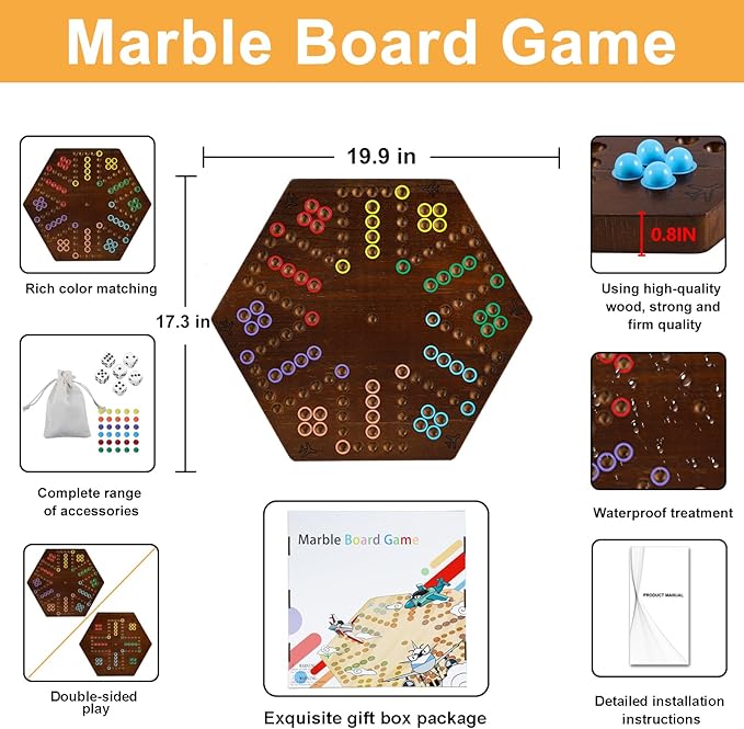 HOROW 20 inch Wahoo Marble Board Game for 4-6 Players - 2 Sided Painted Wooden Board - Thicken Dice Marbles Game - Perfect for Family &amp Party Game Nights （Fire Color）
