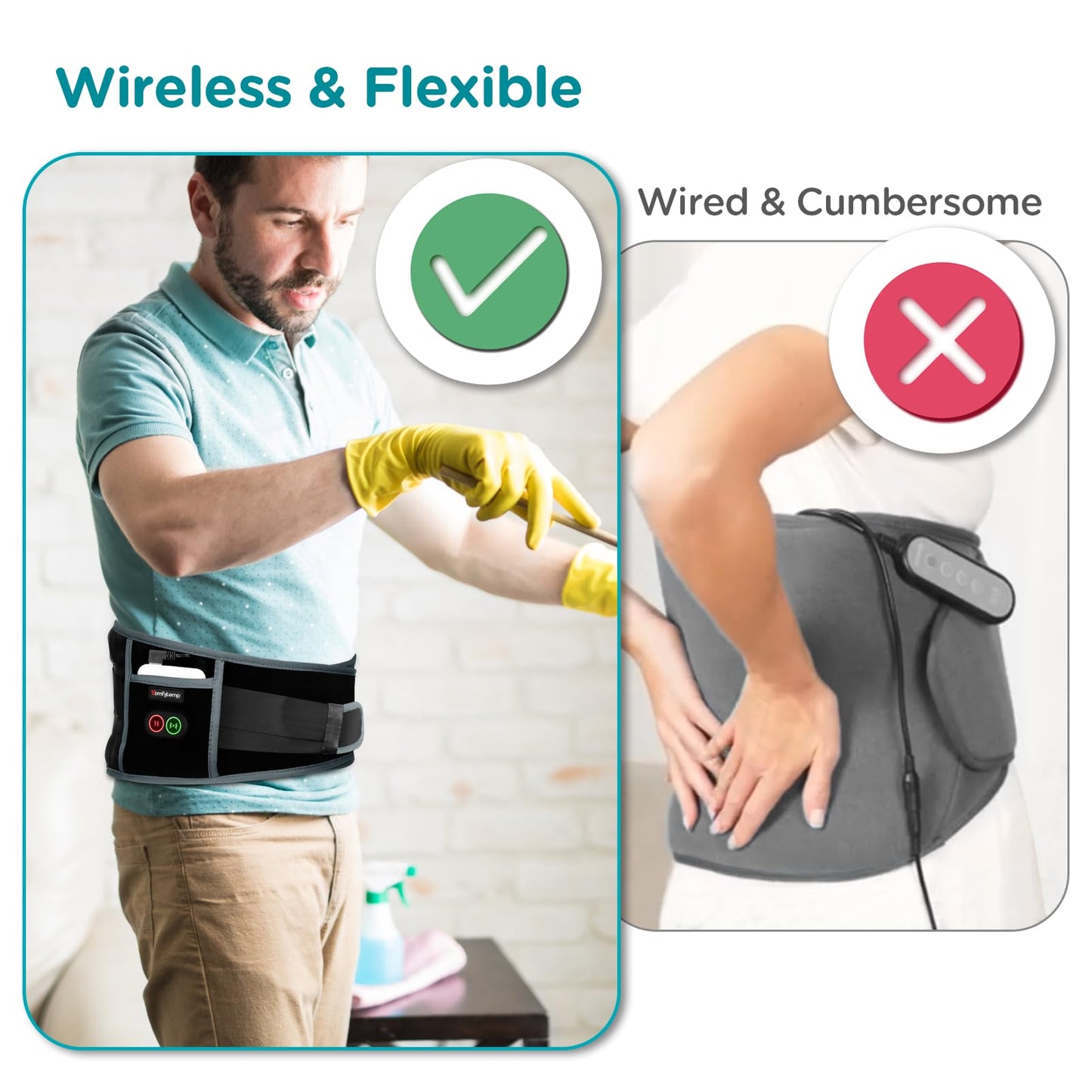 Comfytemp Cordless Heating Pad with Massager for Back Pain Relief, Portable Lower Back Massager Wearable, Birthday Gifts for Dad Mom Men Women Elderly, Rechargeable Period Cramps, 3 Heat Auto-Off, 58"