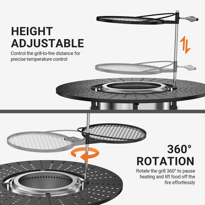 onlyfire Direct Mount Tabletop & Cooking Kit Combo for Solo Stove Bonfire 19.5 inch Fire Pit, 40" Round Heat-Resistant Surround Tray, Height-Adjustable Swivel BBQ Grate, Stainless Steel Griddle Plate