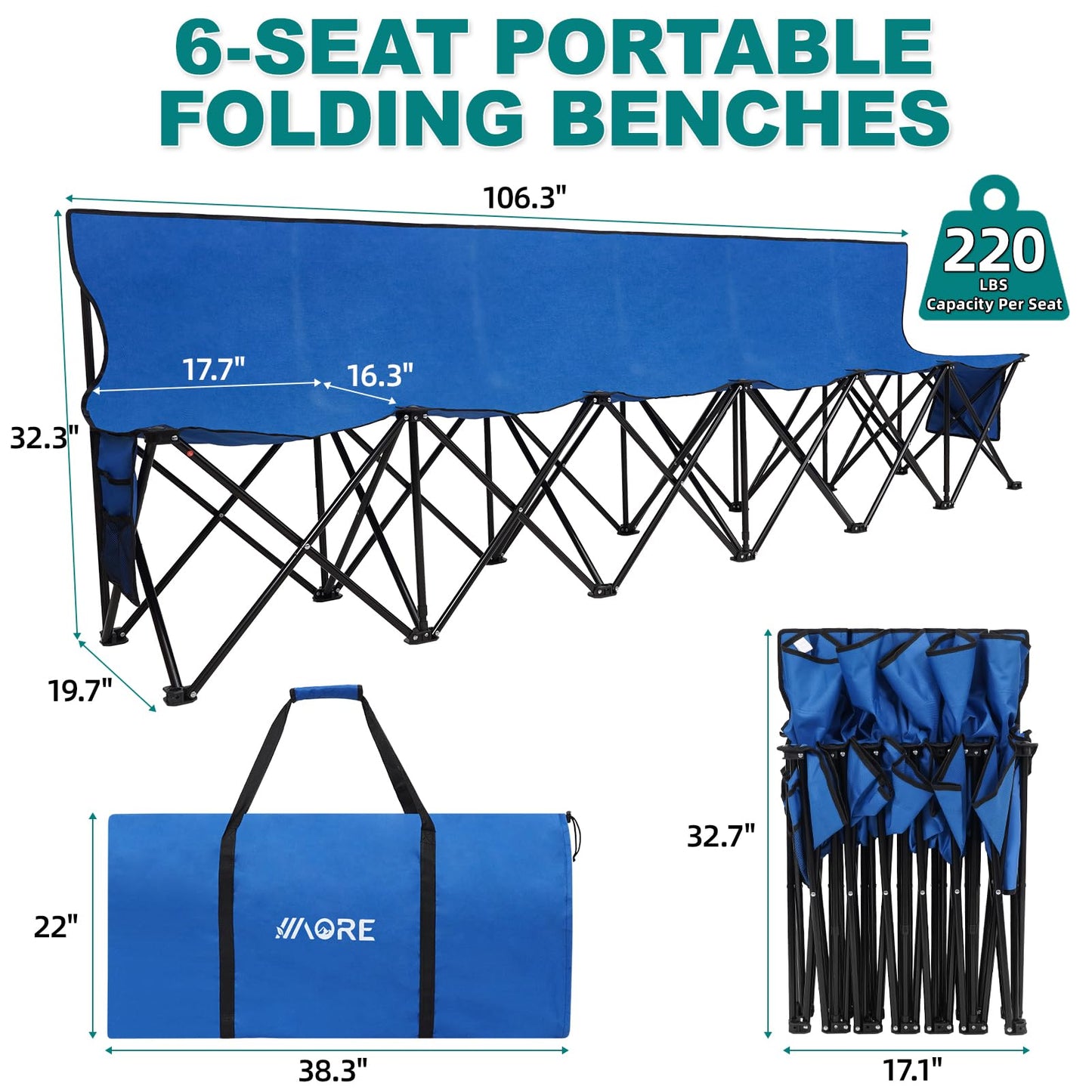 1MORE Portable Folding Bench, Foldable Sideline Bench for Team, 6 Seats Outdoor Camping Chair with Carry Bag & Backrest, Team Sport Sideline Bench for Football,Soccer, Fishing. Blue