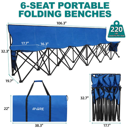 1MORE Portable Folding Bench, Foldable Sideline Bench for Team, 6 Seats Outdoor Camping Chair with Carry Bag & Backrest, Team Sport Sideline Bench for Football,Soccer, Fishing. Blue