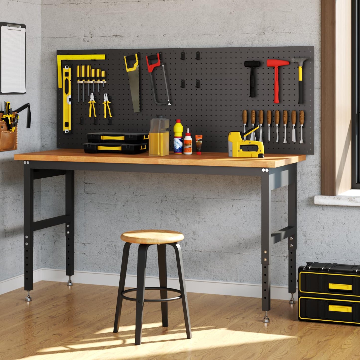 GarveeTech 48" Adjustable Height Garage Workbench, GarveeTech Max. 2000 LBS Capacity Solid Wood Work Bench Table, Heavy Duty Work Station for Garage, Shop, Home, Office